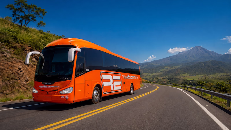 Autobús naranja de la línea Rapi2s transitando por una carretera pavimentada rodeada de áreas verdes y una montaña al fondo.