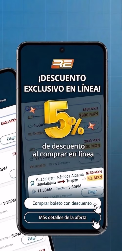 Pantalla de un teléfono móvil que muestra una interfaz de la aplicación de autobuses Rapi2s, con un gran número '5%' en 3D, y texto que dice '¡DESCUENTO EXCLUSIVO EN LÍNEA!', resaltando el ahorro del 5% al comprar por internet.
