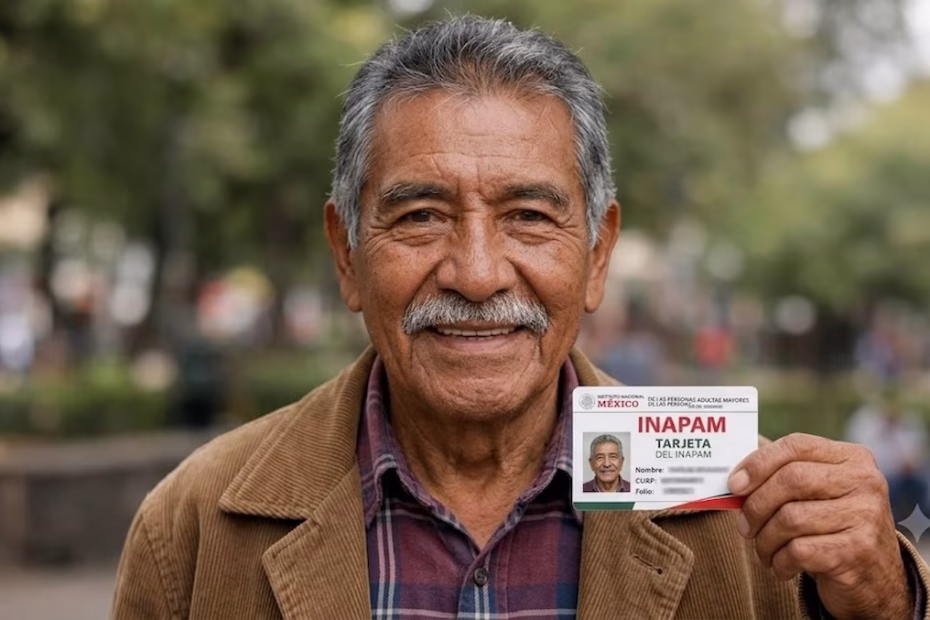 Adulto mayor sonriente sosteniendo su credencial oficial del INAPAM, la cual otorga un 50% de descuento en boletos de autobús Rapi2s.