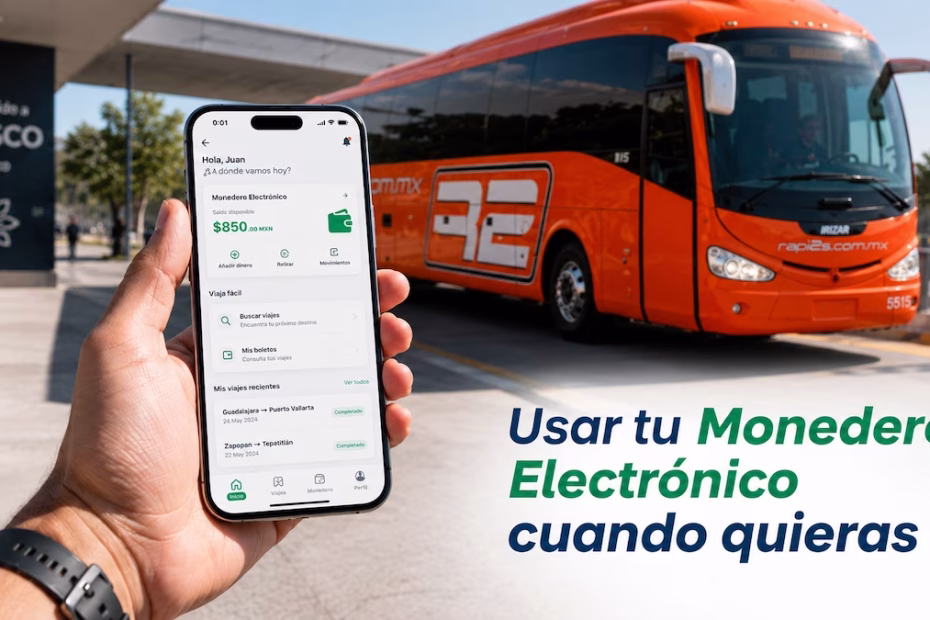 Persona sosteniendo un teléfono celular que muestra la interfaz de la aplicación móvil de Rapi2s con el saldo del monedero electrónico, teniendo un autobús de la marca al fondo.