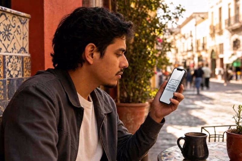 Joven planificando su viaje y revisando la aplicación móvil de autobuses Rapi2s desde su celular en una calle histórica.