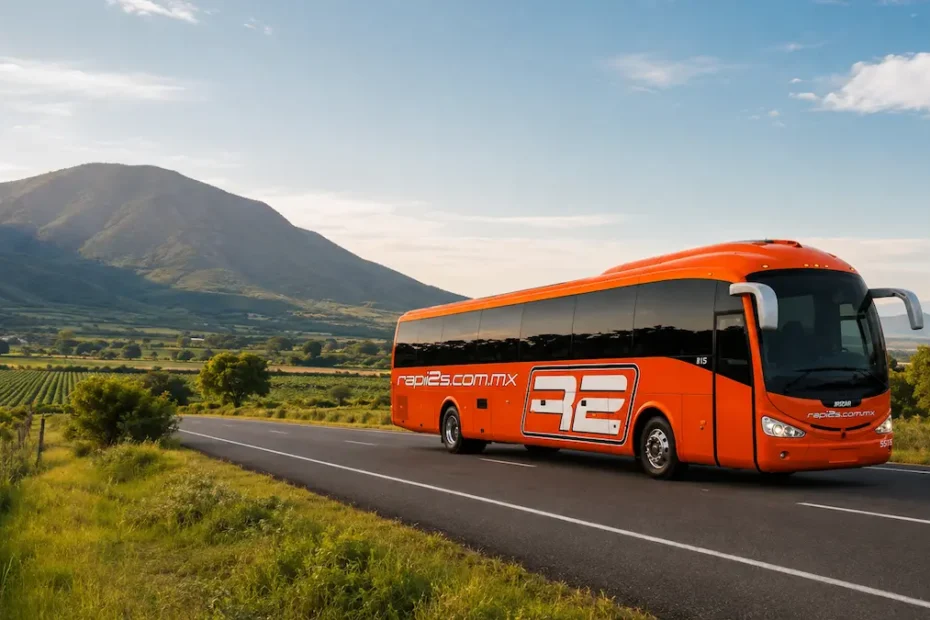 Autobús naranja de la línea Rapi2s circulando por una carretera pavimentada rodeada de campos verdes y un gran cerro al fondo.