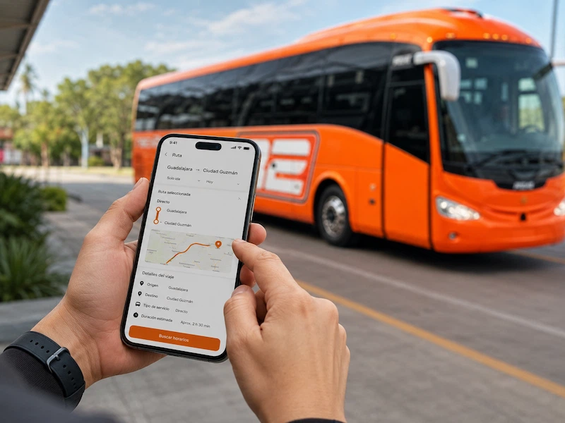 Persona utilizando un teléfono celular con la aplicación de Rapi2s para buscar boletos de la ruta Guadalajara a Ciudad Guzmán, con un autobús naranja al fondo.