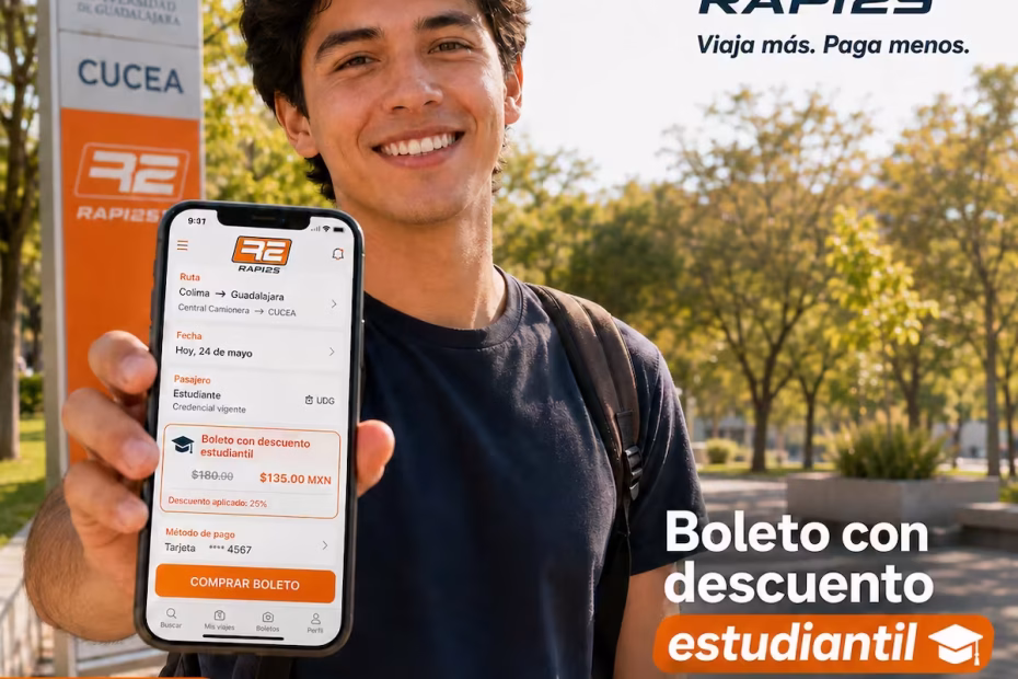 Joven estudiante sonriente mostrando en la pantalla de su celular una aplicación de autobuses Rapi2s con descuento estudiantil.