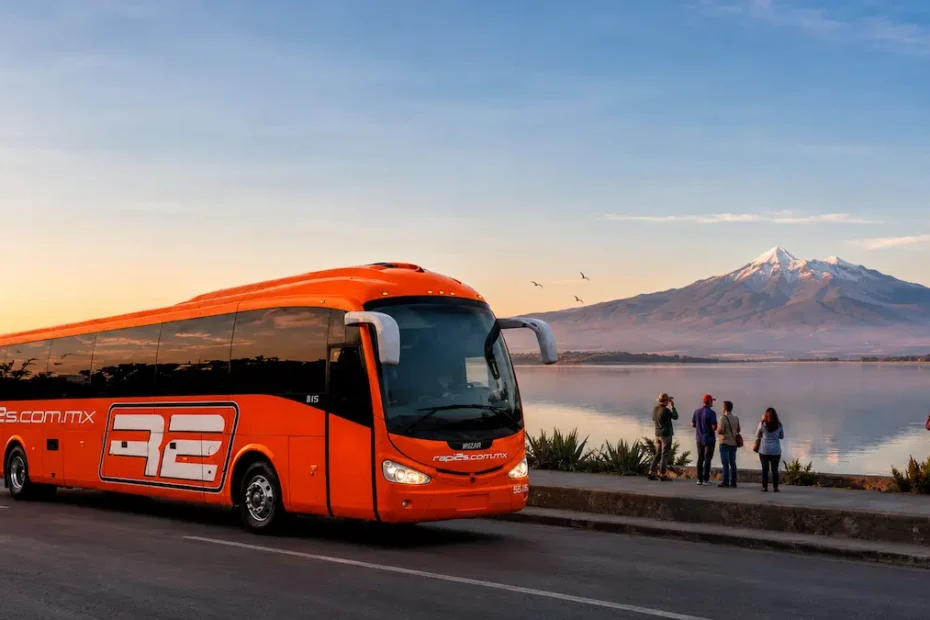 Autobús naranja de Rapi2s circulando por una carretera junto a un lago, con un grupo de personas observando el paisaje y un volcán nevado al fondo al atardecer.