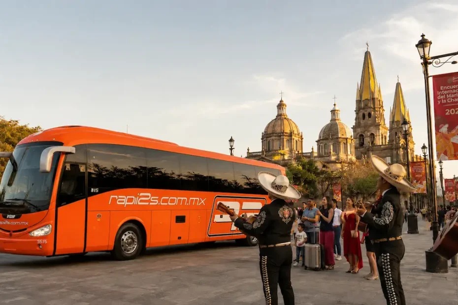 Autobús naranja de Rapi2s estacionado frente a la Catedral de Guadalajara junto a un grupo de mariachis tocando y un banderín del Encuentro Internacional del Mariachi y la Charrería 2026.