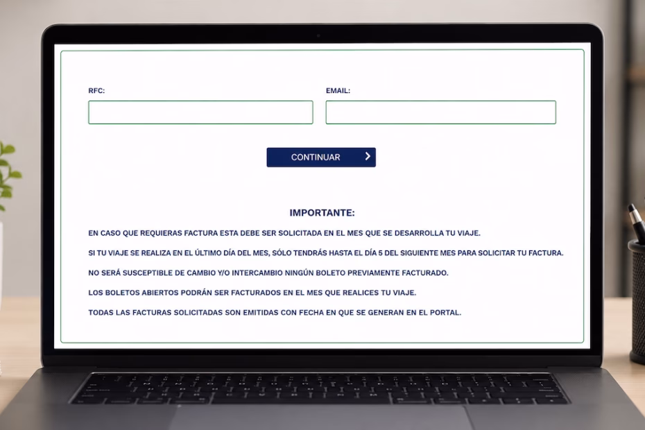 Pantalla de una computadora portátil mostrando la interfaz de acceso para ingresar RFC y correo electrónico en el portal de facturación de Rapi2s.