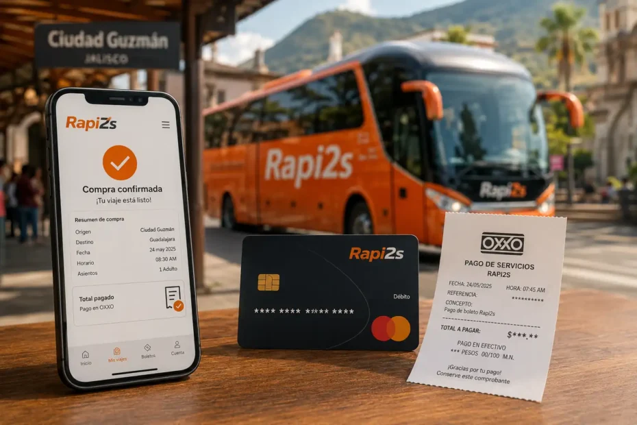 Celular con la app de Rapi2s mostrando compra confirmada, una tarjeta bancaria Rapi2s y un comprobante de pago de OXXO sobre una mesa con un autobús al fondo.