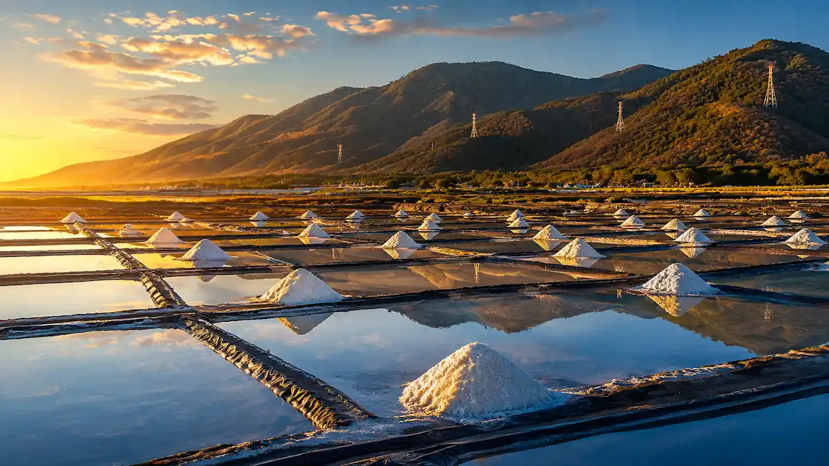 Montículos de sal en estanques de evaporación durante el atardecer, con montañas al fondo en Cuyutlán, Colima.