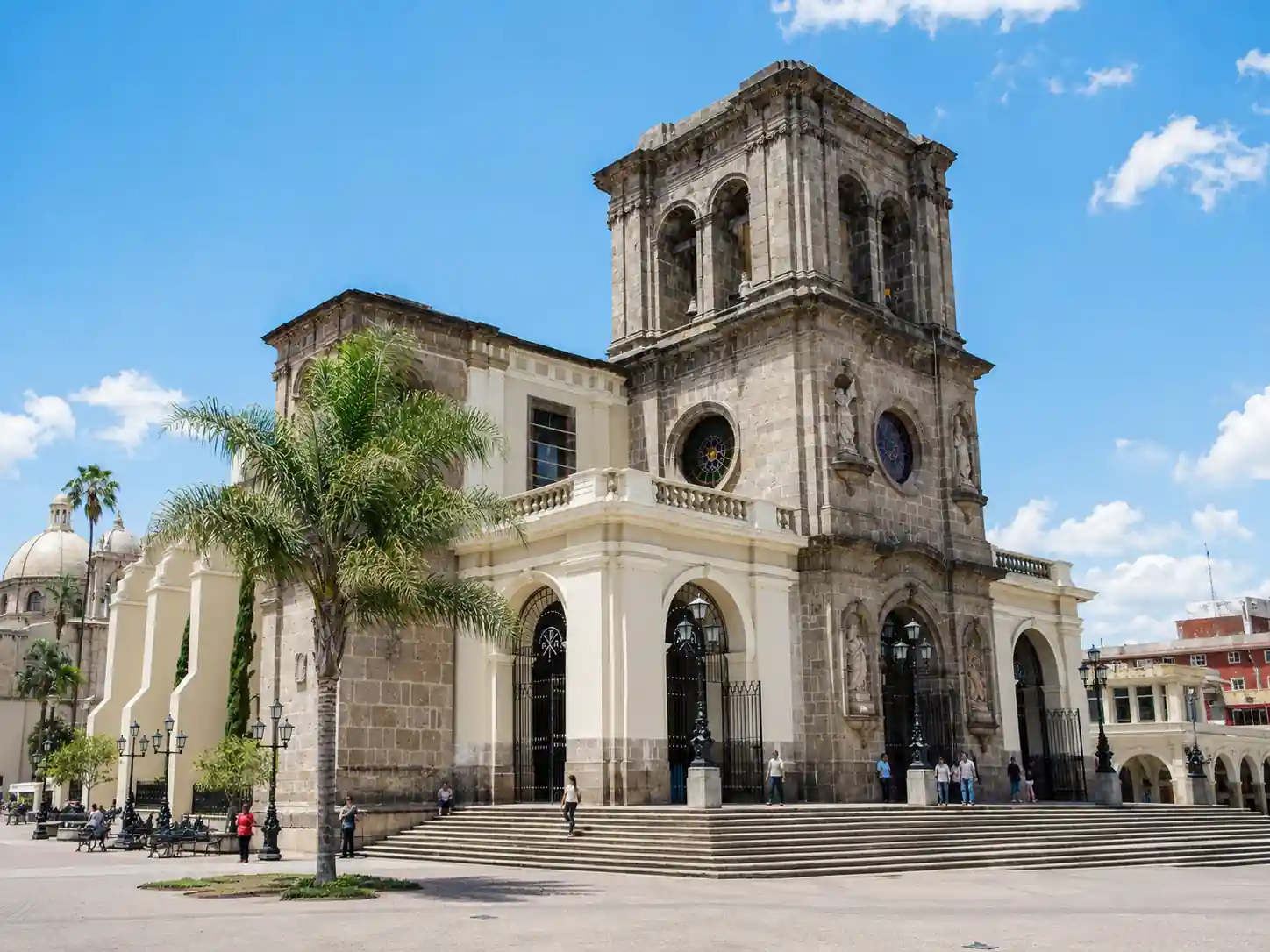 Fachada principal de la Catedral de Santa María de la Asunción con su torre de cantera gris, arcos y una palmera al frente bajo un cielo azul.