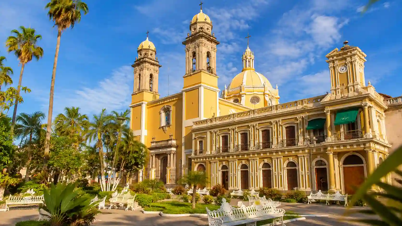 Fachada amarilla y torres de la Catedral Basílica Menor de Colima rodeada de palmeras y bancas blancas en el jardín principal.