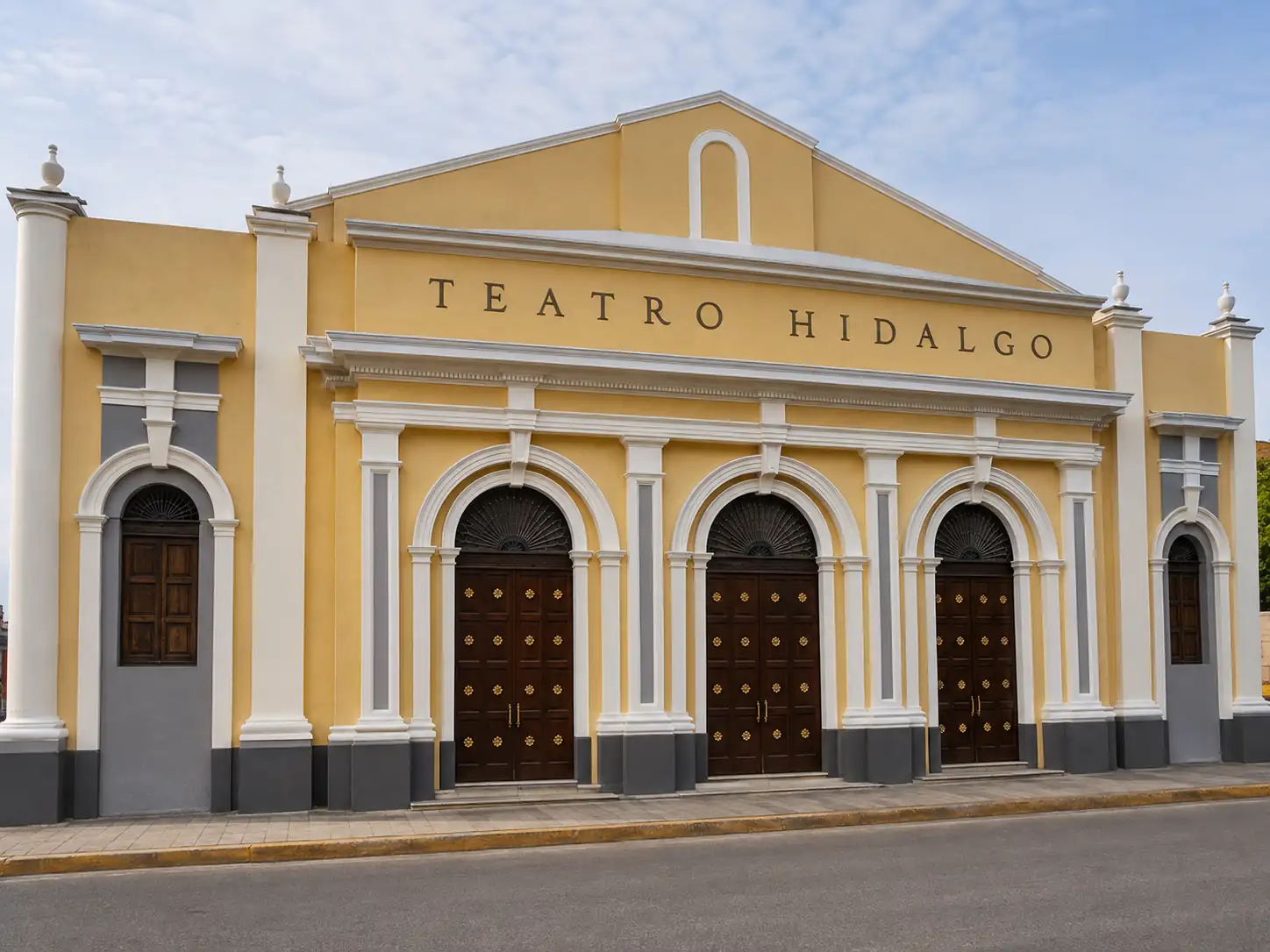 Fachada histórica de color amarillo y gris del Teatro Hidalgo en Colima, con puertas de madera arqueadas y detalles neoclásicos.