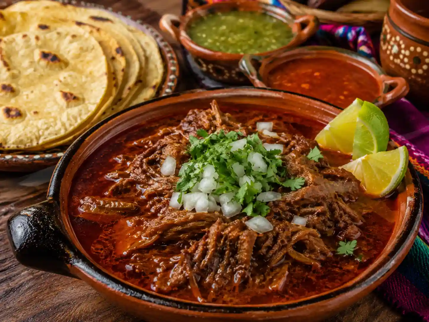 Plato de barro con birria de res en caldo rojo, adornada con cebolla y cilantro picado, acompañada de limones, salsas y tortillas.