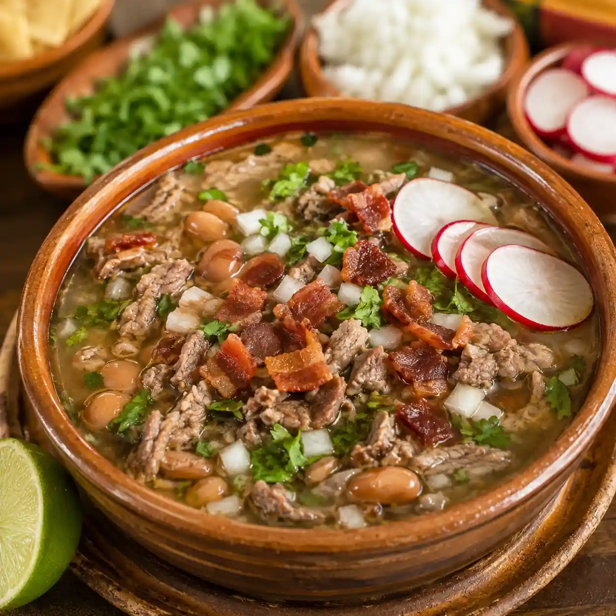 Plato de barro con carne en su jugo, frijoles de la olla, trozos de tocino crujiente, cilantro, cebolla y rábanos.