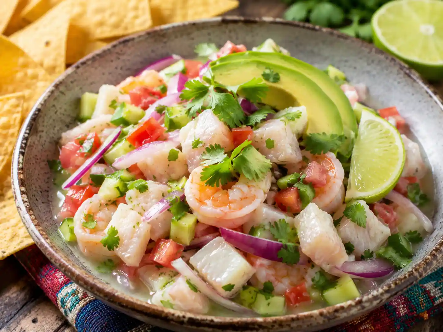 Plato de ceviche fresco de camarón y pescado con aguacate, jitomate, cebolla morada, cilantro y rodajas de limón, acompañado de totopos.