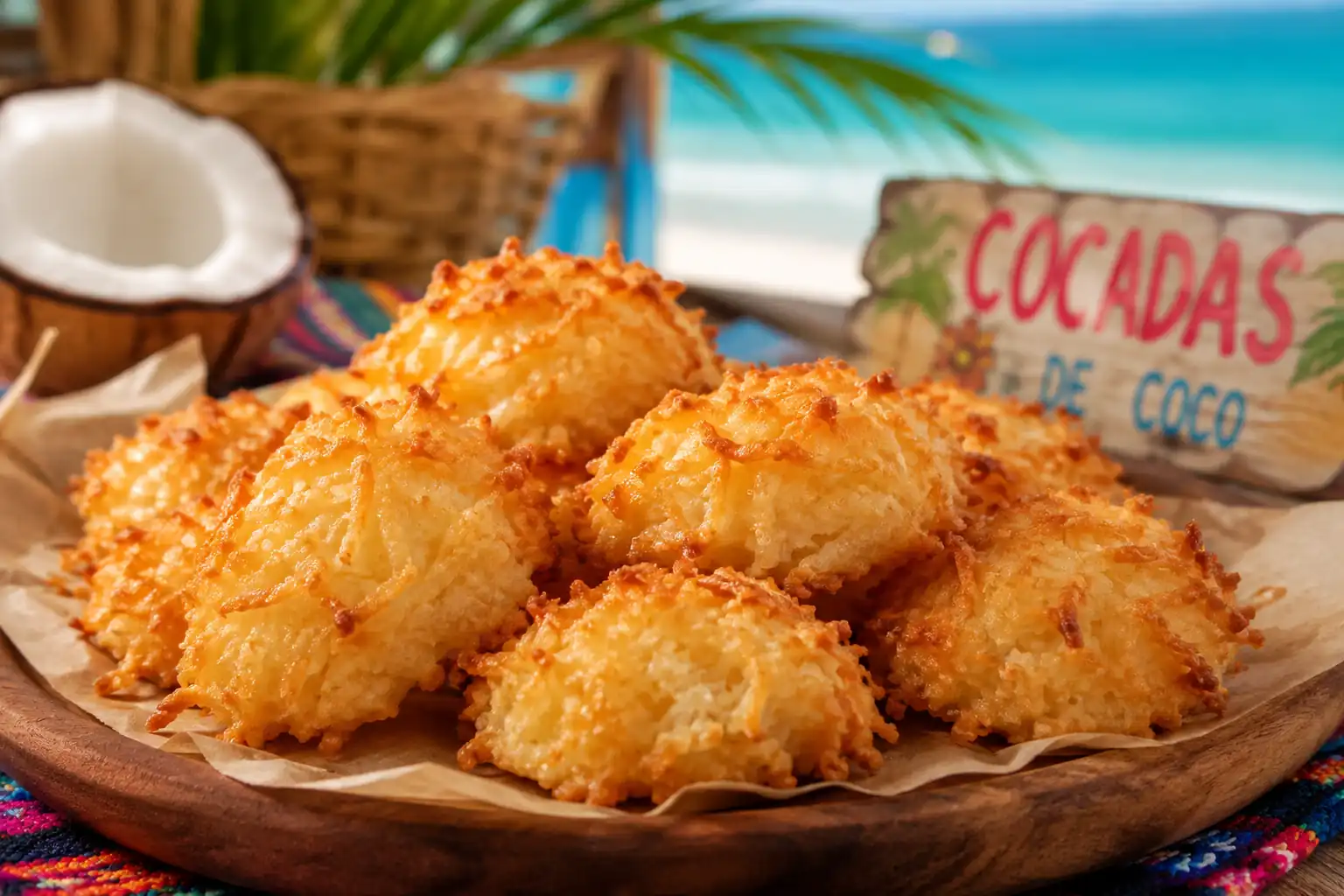 Plato de cocadas doradas tradicionales sobre papel encerado, con un coco partido y un letrero de madera al fondo en un ambiente playero.
