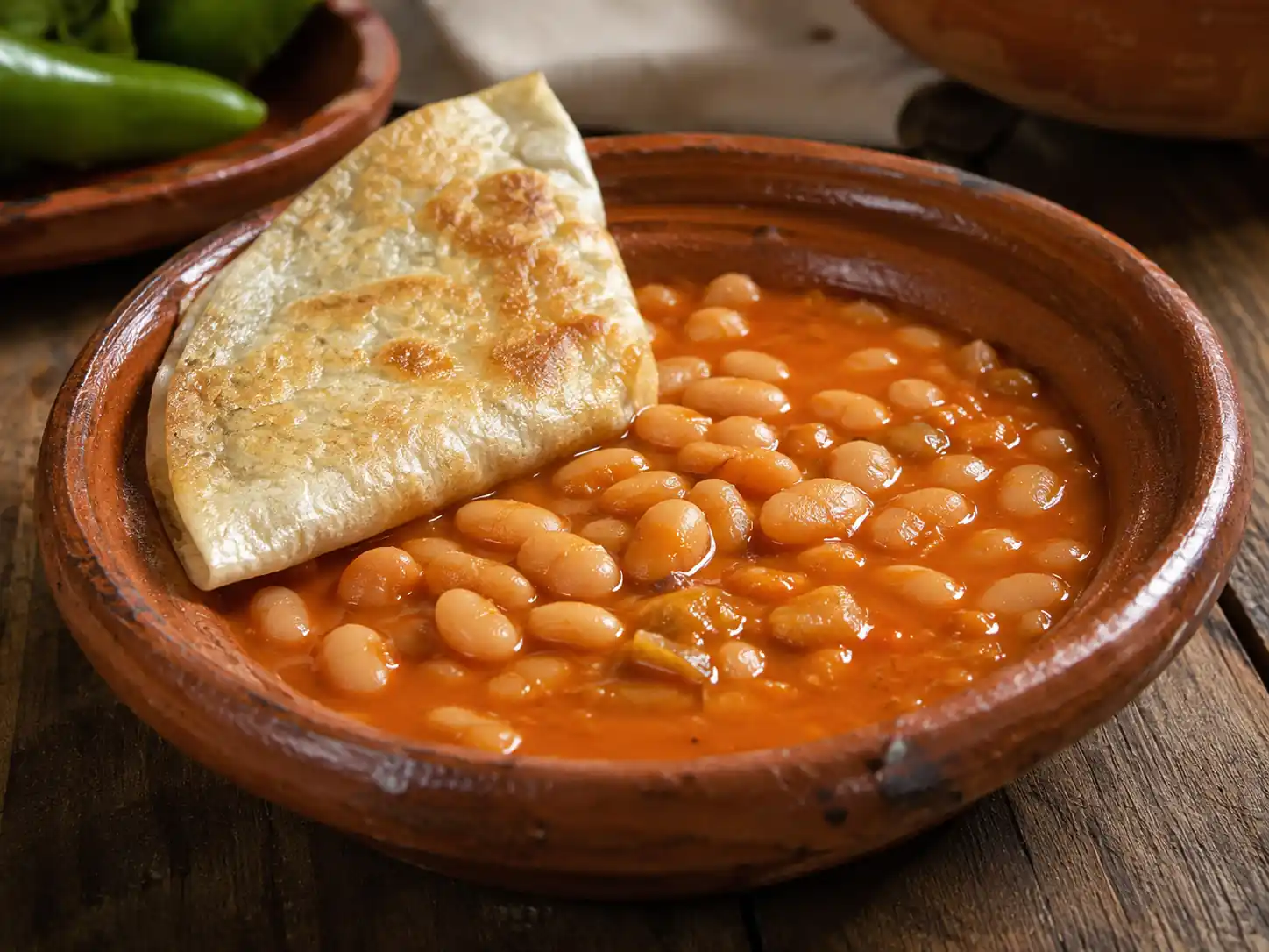 Plato de barro con frijoles güeros caldosos acompañados de una tortilla de maíz doblada y asada, sobre una mesa de madera.