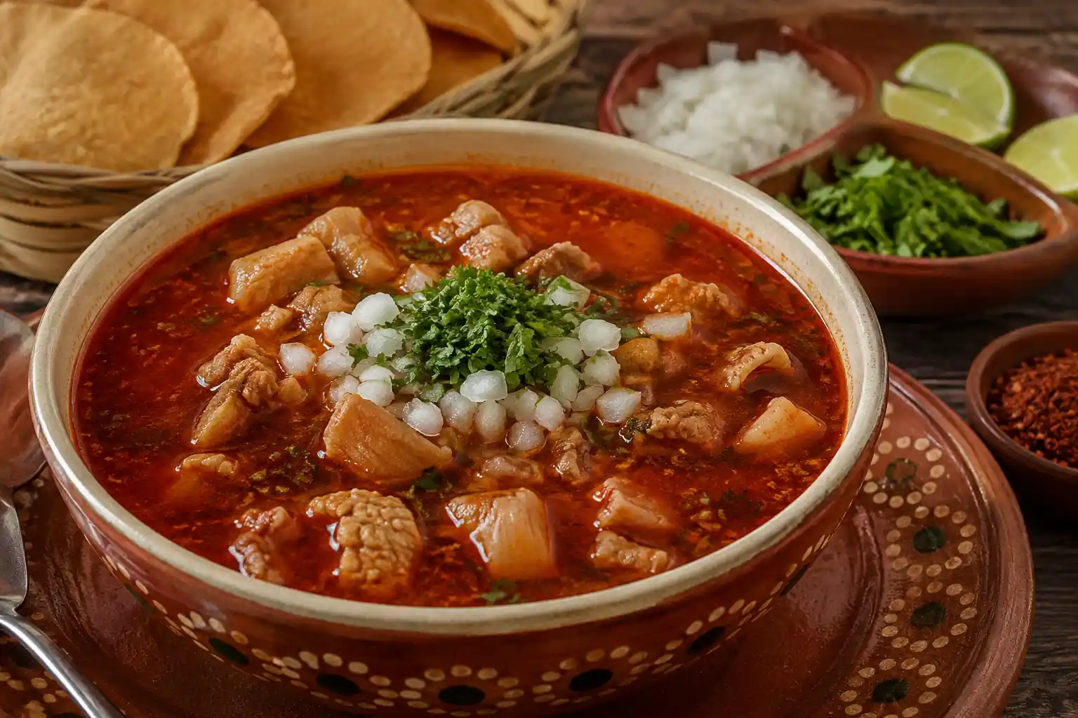 Plato hondo de barro con menudo jalisciense rojo, garnachas de cebolla y cilantro, acompañado de cebolla picada, limones, chile y tortillas doradas.