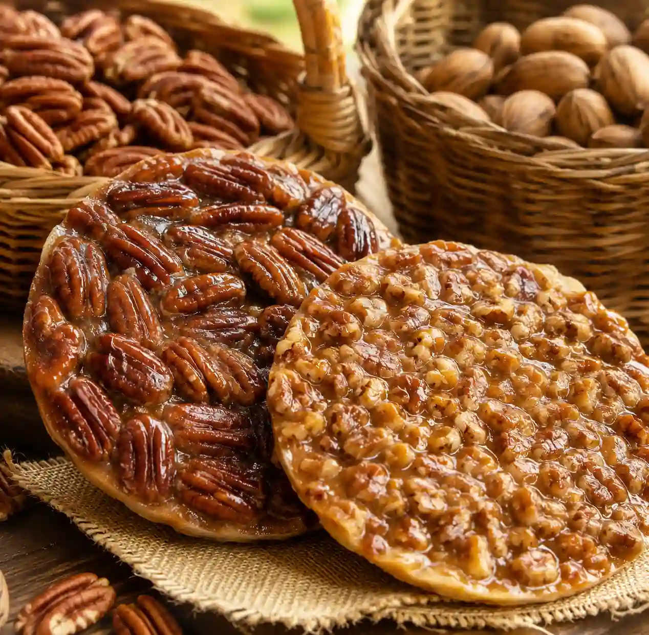 Dulces artesanales de palanqueta con nueces enteras y troceadas sobre un mantel de yute, acompañados de canastas con nueces con cáscara.