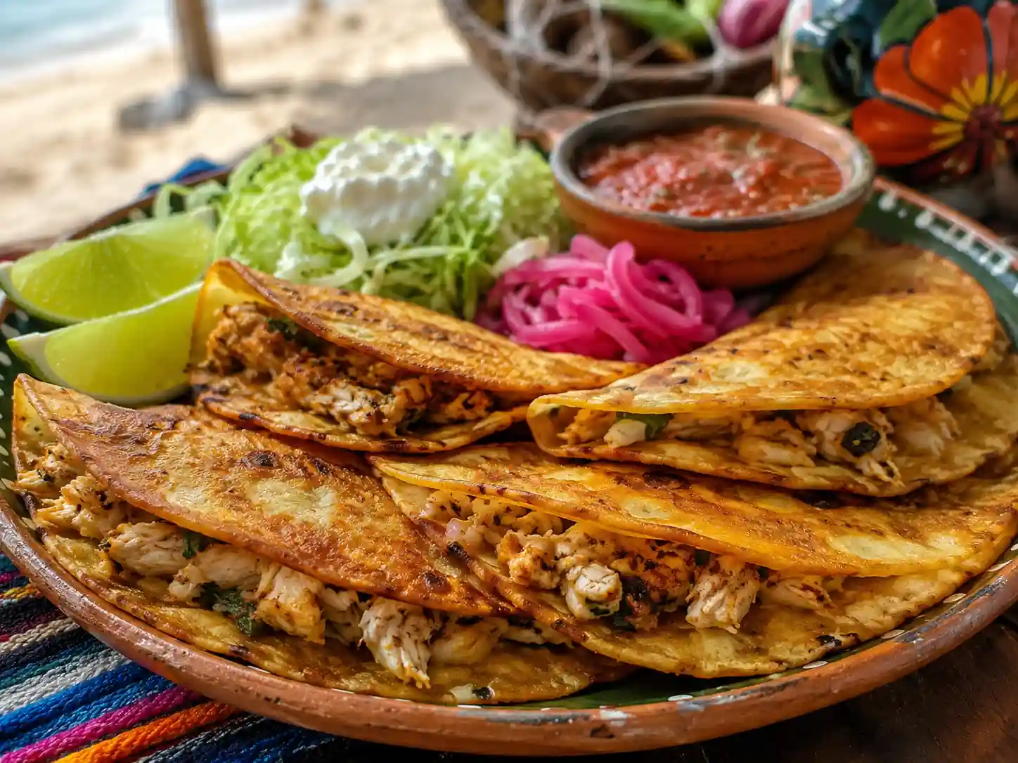 Plato de pescadillas doradas rellenas de pescado con guarnición de lechuga, crema, cebolla morada curtida, salsa roja y limones.