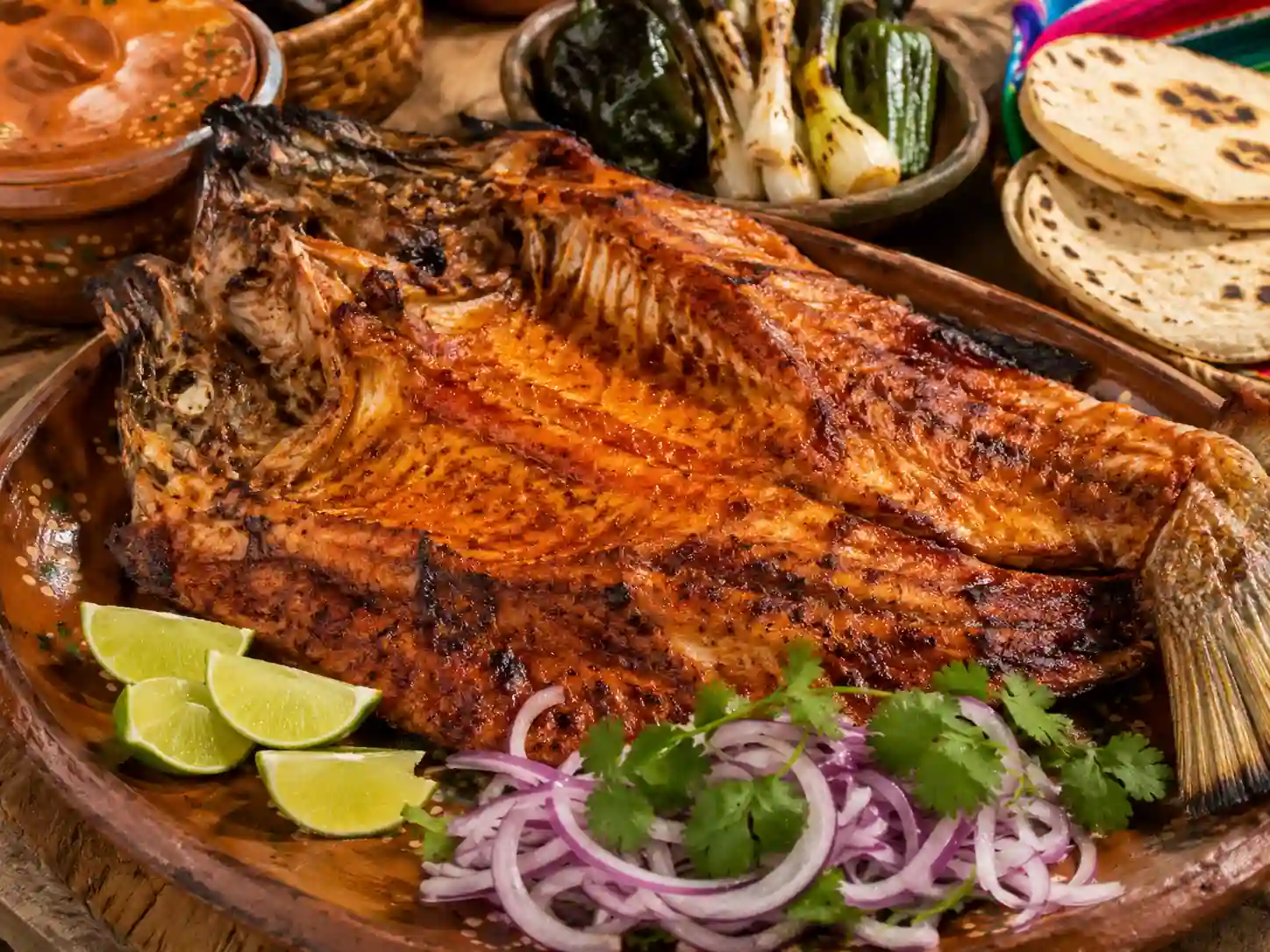 Pescado zarandeado a la parrilla servido en plato de barro con cebolla morada, cilantro, limones, chiles y tortillas.