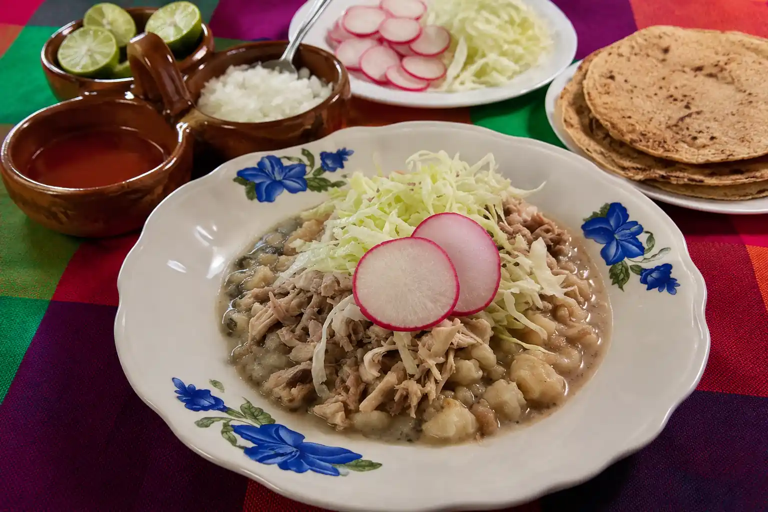 Plato con pozole seco colimense garnished con lechuga y rábanos, acompañado de guarniciones, limones, salsas y tortillas.