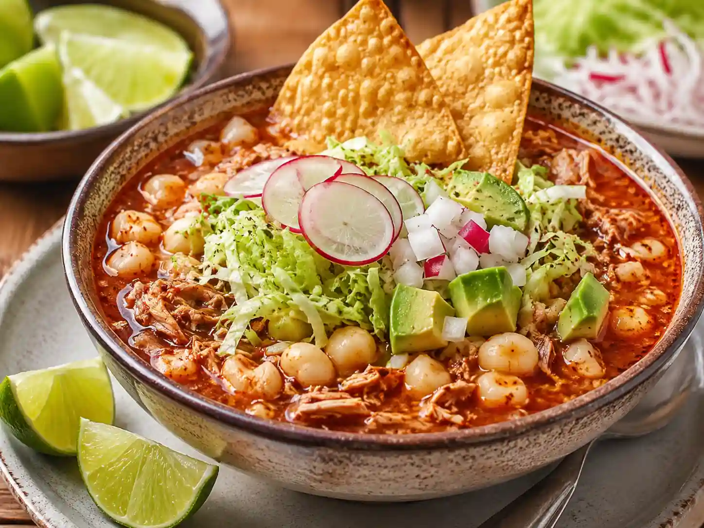 Plato hondo con pozole rojo con carne, granos de maíz, lechuga, rábanos, aguacate y totopos, acompañado de limones.