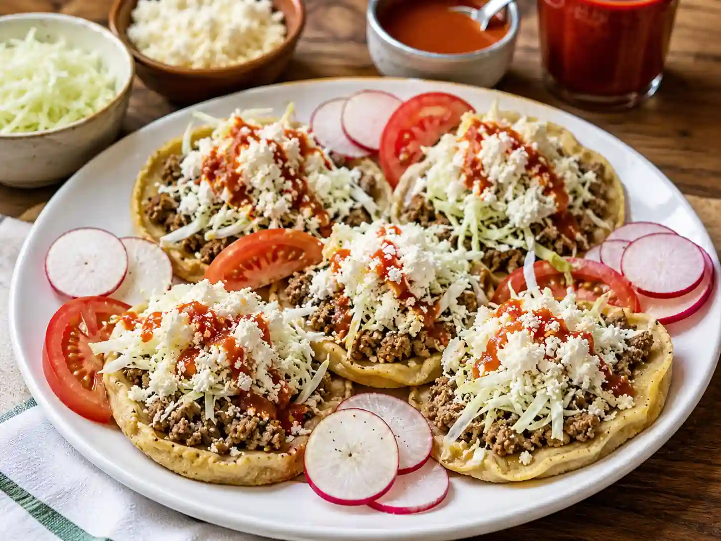 Plato con sopitos colimotes pequeños cubiertos de carne picada, lechuga, queso fresco y salsa roja, acompañados de rábanos y jitomate.
