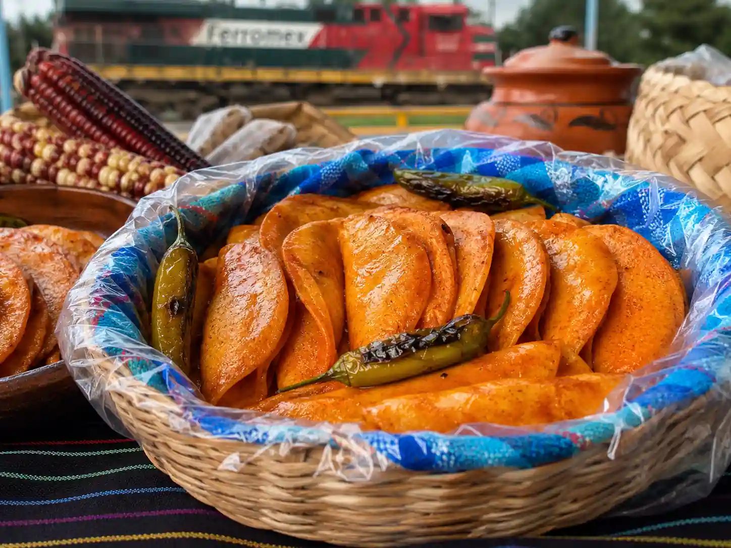 Canasta azul con tacos dorados bañados en salsa roja y chiles toreados, con mazorcas de maíz y un tren al fondo.
