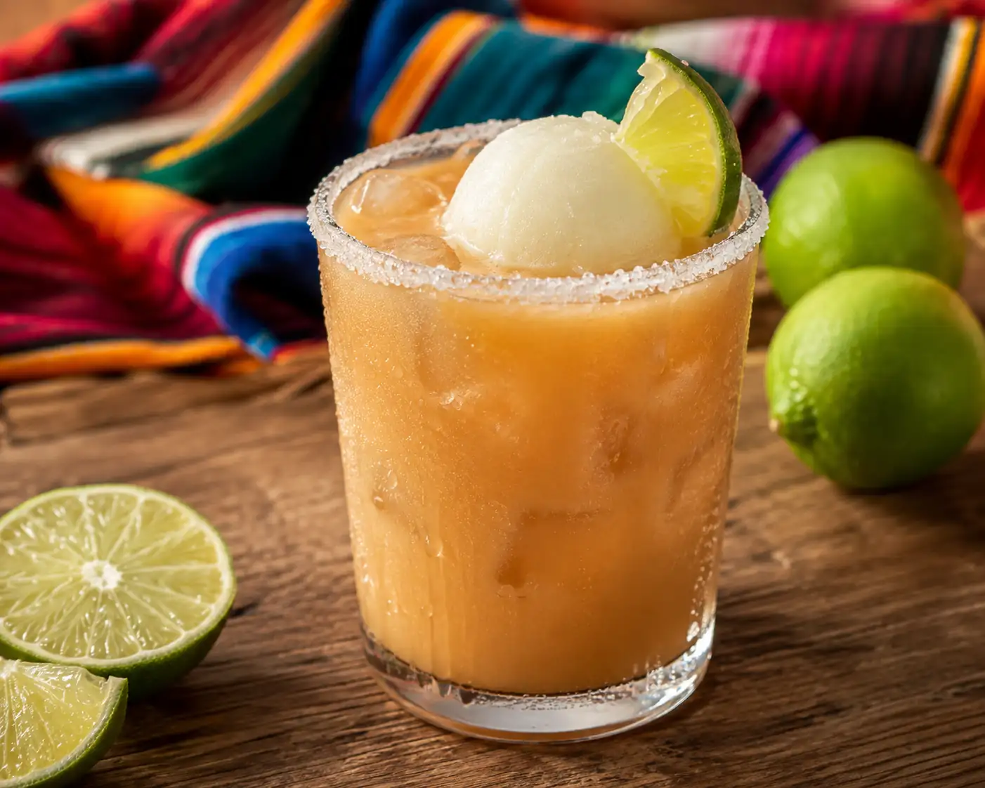 Vaso con tejuino frío, escarchado con sal, una bola de nieve de limón y una rodaja de limón, sobre una mesa de madera con un rebozo mexicano.